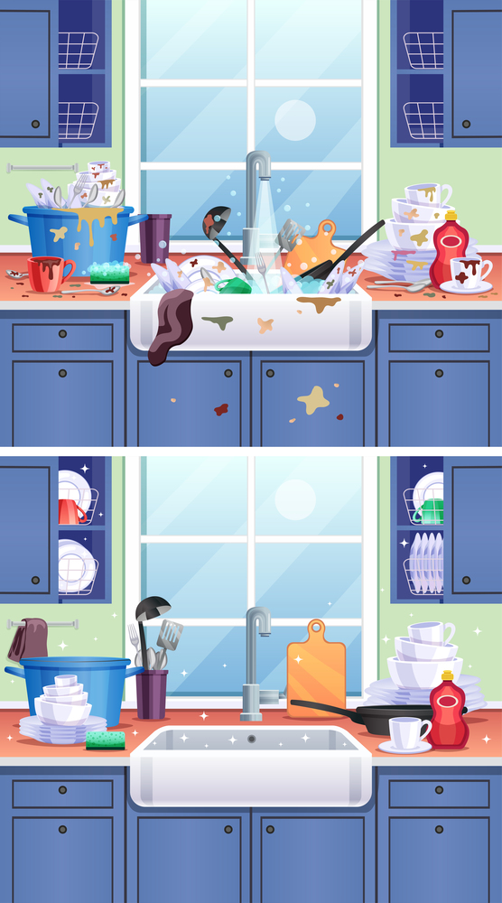 Dirty kitchen composition with plates cups and ladle flat vector illustration. Dirty Kitchen Composition