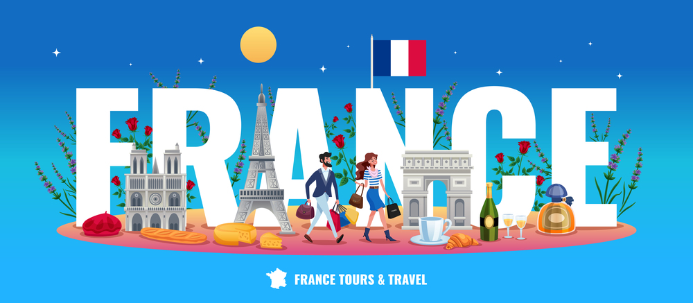 France tourism concept with tours and travel symbols flat vector illustration