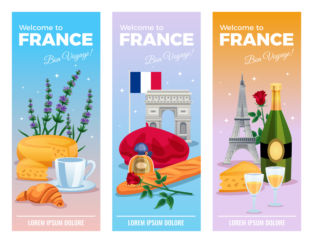 France vertical banners set with sightseeing and food symbols flat isolated vector illustration