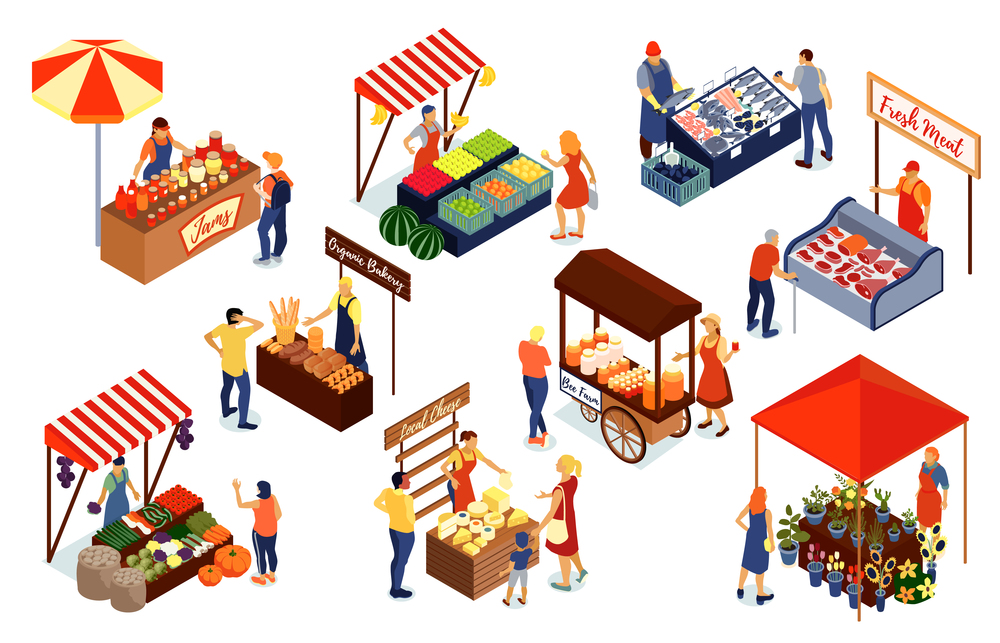 Vendors selling meat fish vegetables cheese flowers honey jam bread at farm market 3d isometric set isolated vector illustration