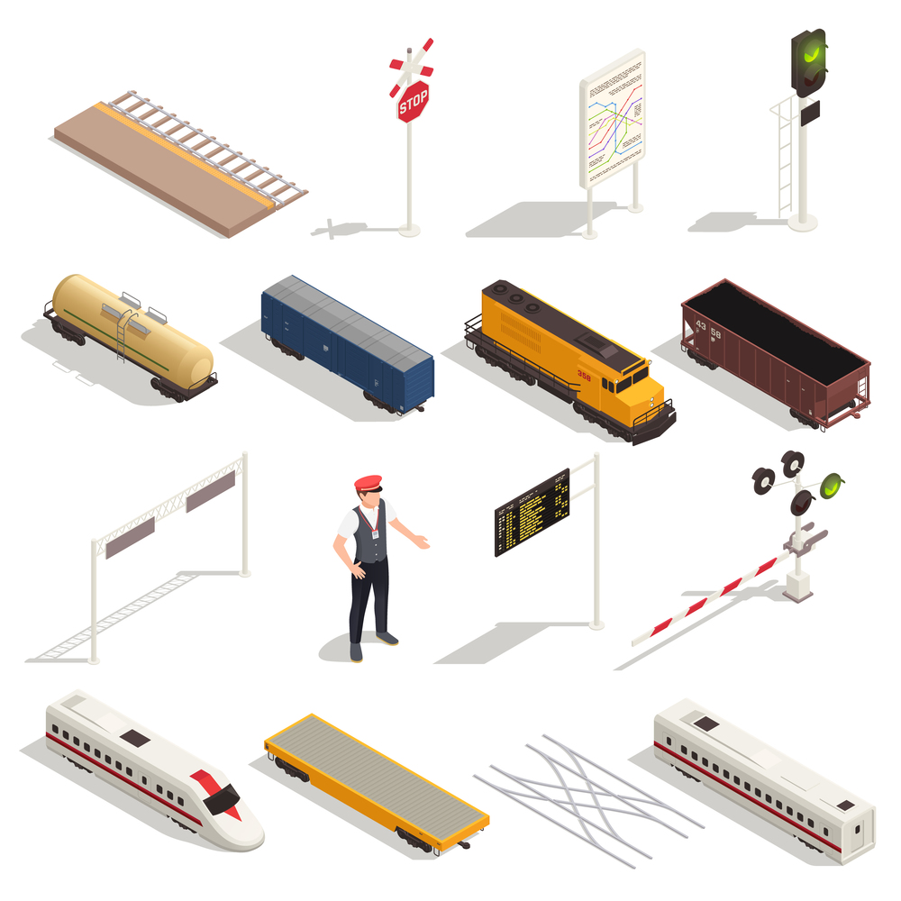 Train railway station isometric set with isolated icons of carriages locomotives and elements of rail infrastructure vector illustration