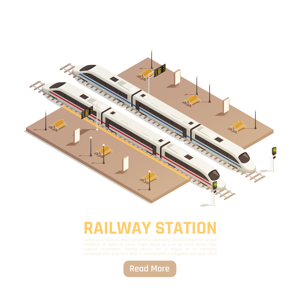 Train railway station isometric background with read more button editable text and platforms with intercity trains vector illustration