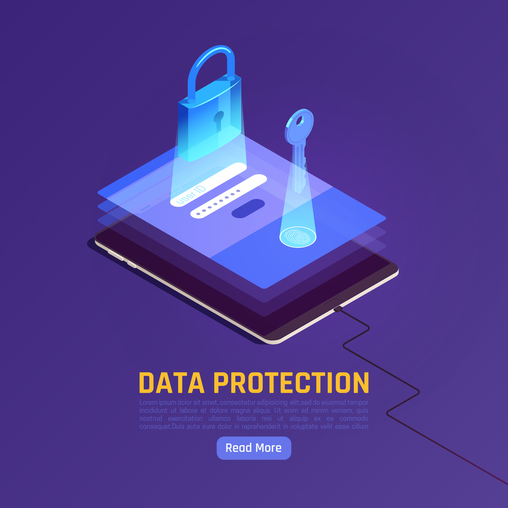 Privacy data protection gdpr isometric background with gadget and stack of screens with key and lock vector illustration