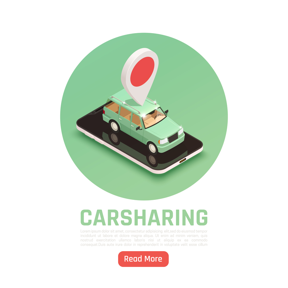 Carsharing carpooling ridesharing circle background with text read more button and car image with location pictogram vector illustration