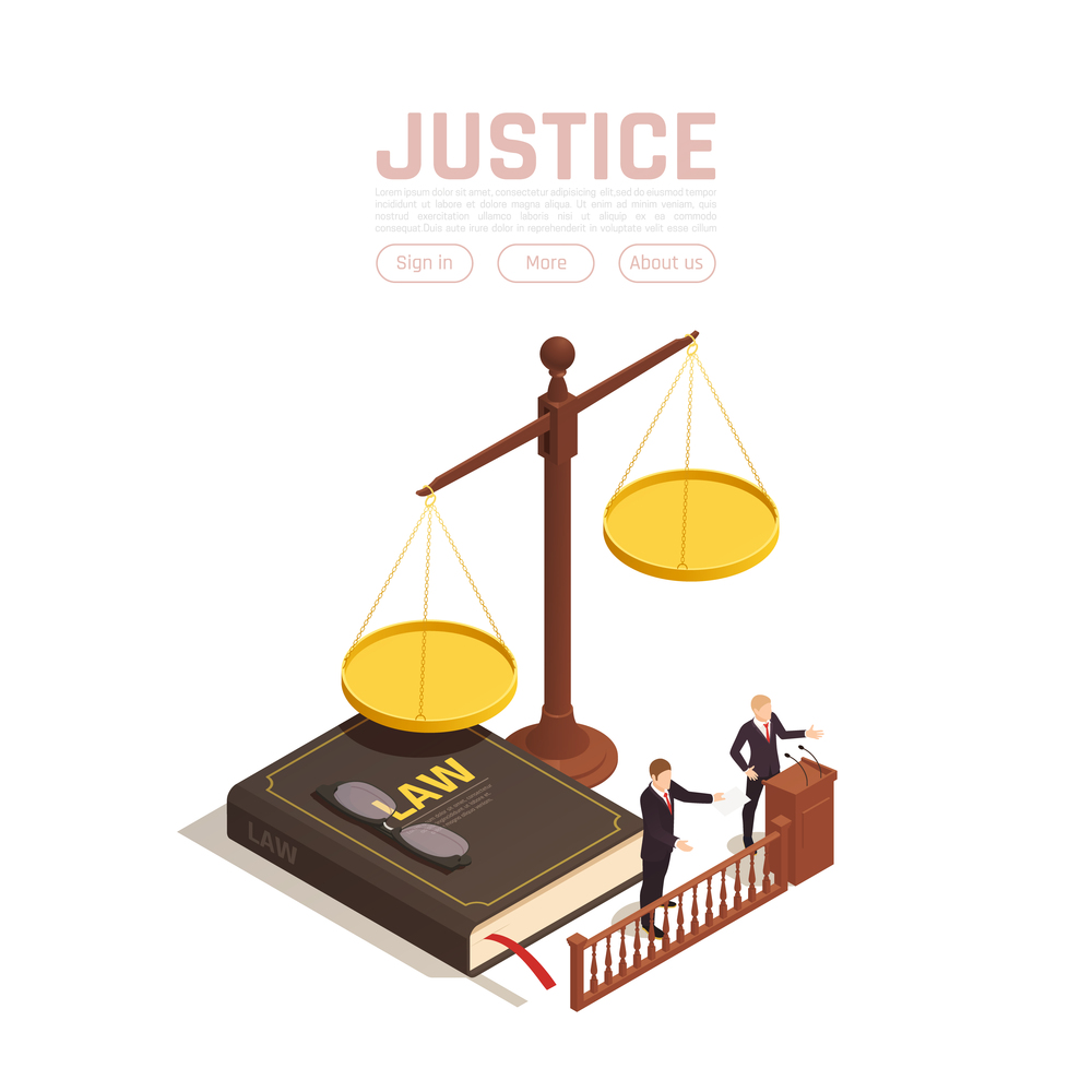 Law justice isometric background with images of weights with book and people with clickable text buttons vector illustration