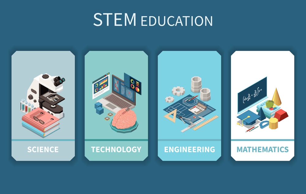 STEM education 4 vertical banners with science technology engineering mathematics symbols accessories isometric compositions background vector illustration