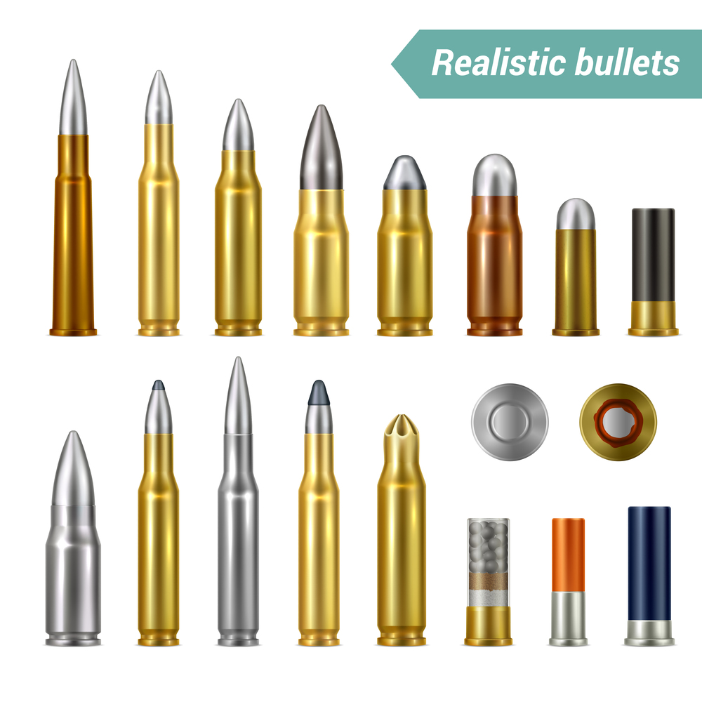Different types and sizes of weapon ammo   including bullets and cartridges realistic set isolated vector illustration