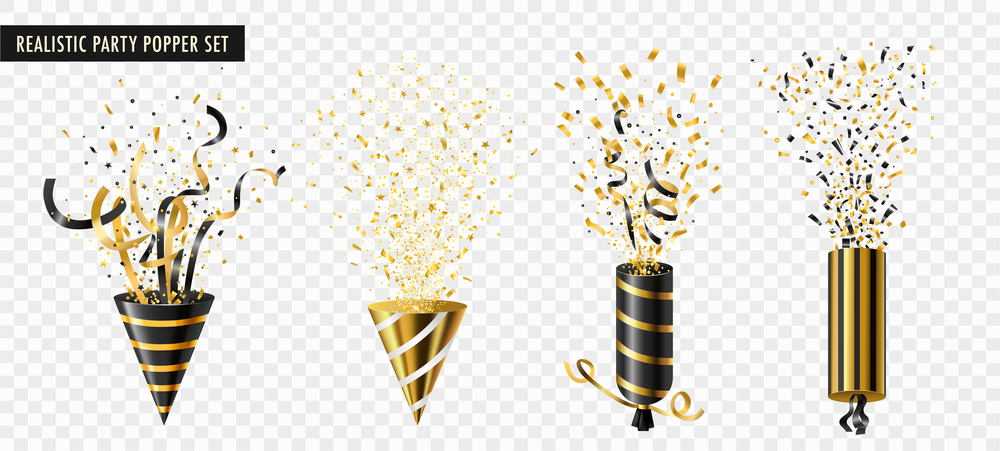 Four exploding party poppers in black and golden color isolated on transparent background realistic vector illustration