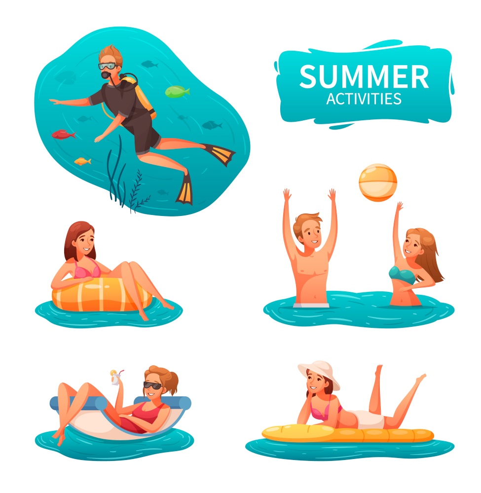 Water sports and summer activities icons set with people diving playing with ball and relaxing cartoon isolated vector illustration
