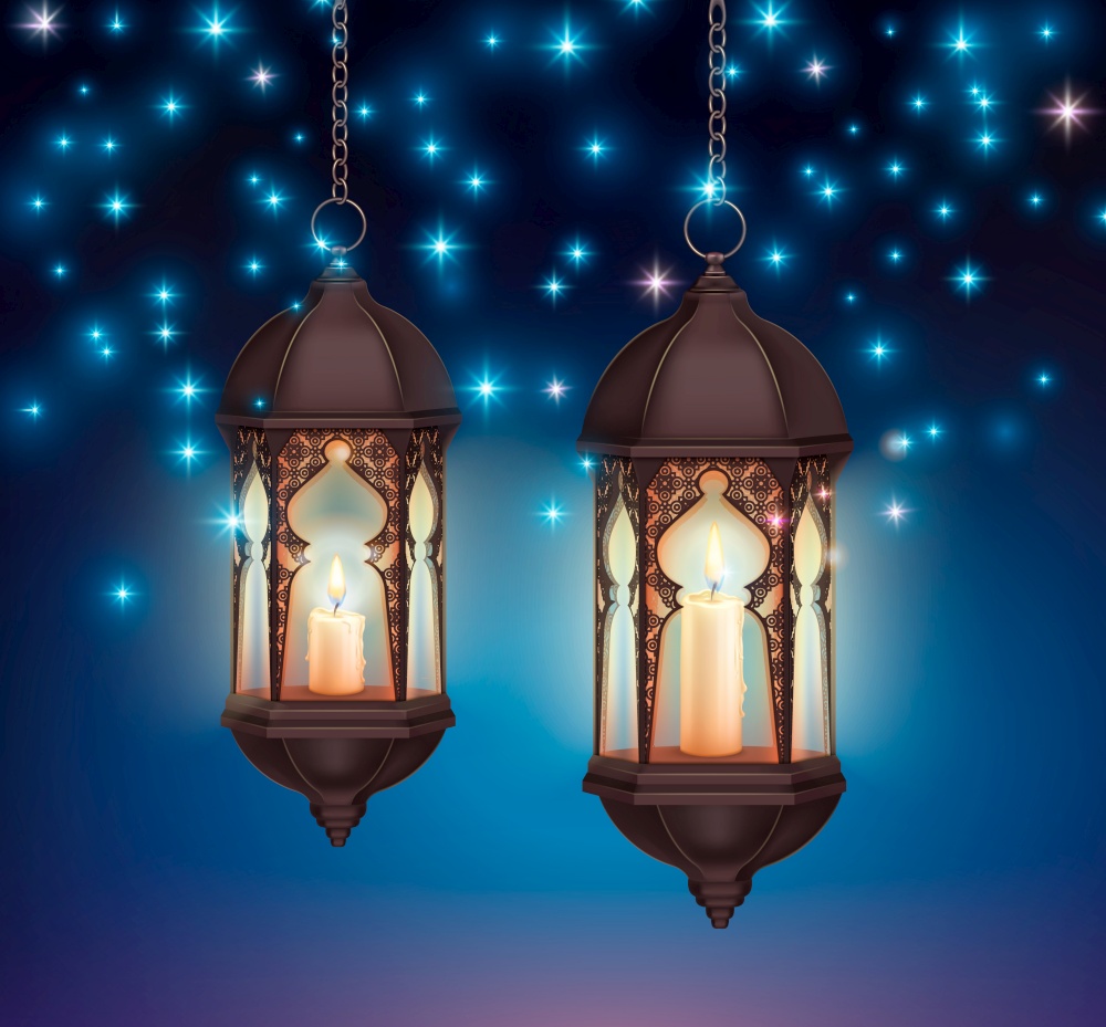 Ramadan kareem lanterns night realistic composition with shining stars on dark sky and hanging lanterns vector illustration