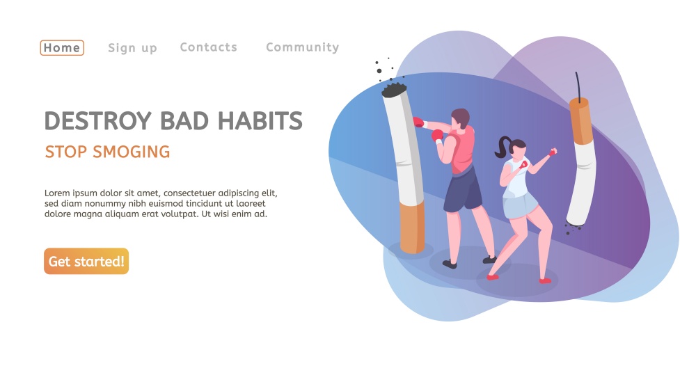 Stop smoking web page with teen characters boxing with big cigarette images and text destroy bad habits flat vector illustration