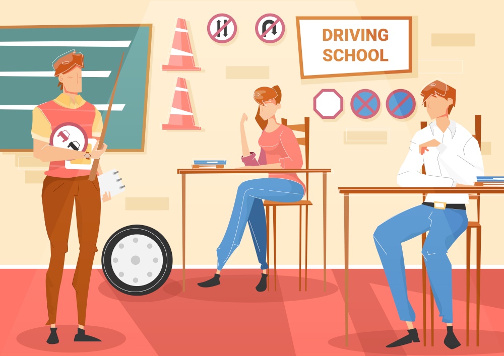 Two students and instructor on lesson at driving school flat vector illustration
