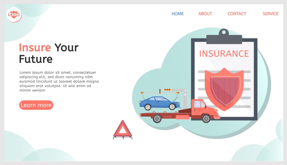 Insurance company web site landing page with flat images of cars with text agreement clickable links vector illustration