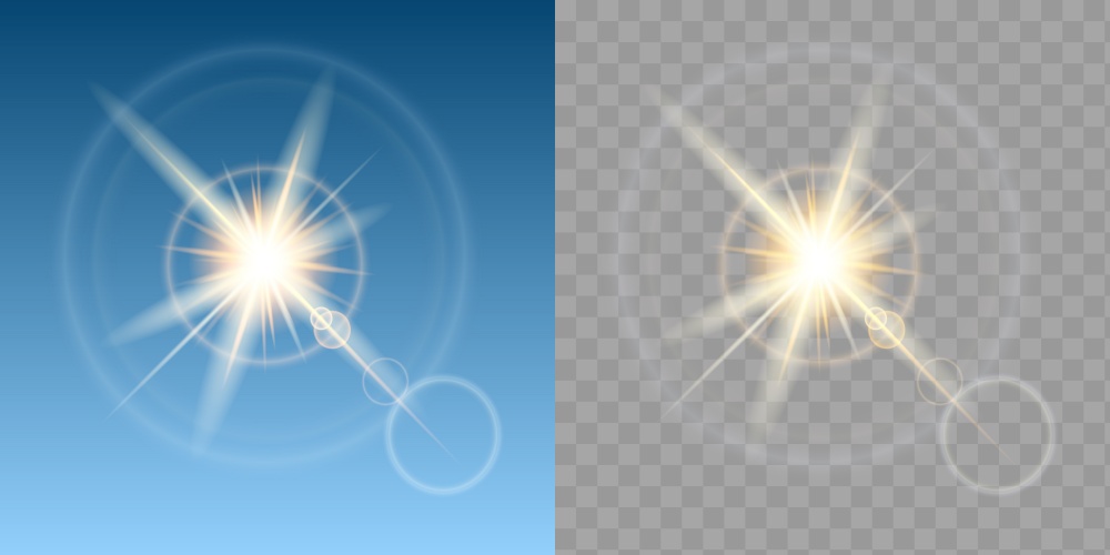 Two sun effect in blue sky composition set with abstract lights on sky and transparent background vector illustration