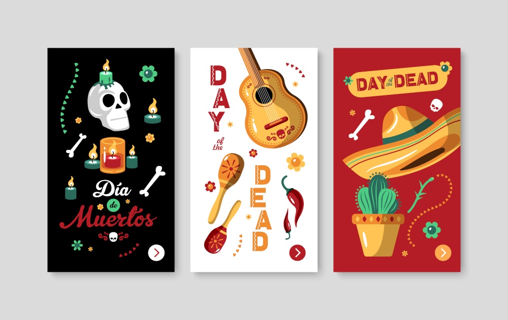 Day of dead mexican vertical banners with sombrero guitar skull memorial candles maracas cactus cartoon icons isolated vector illustration