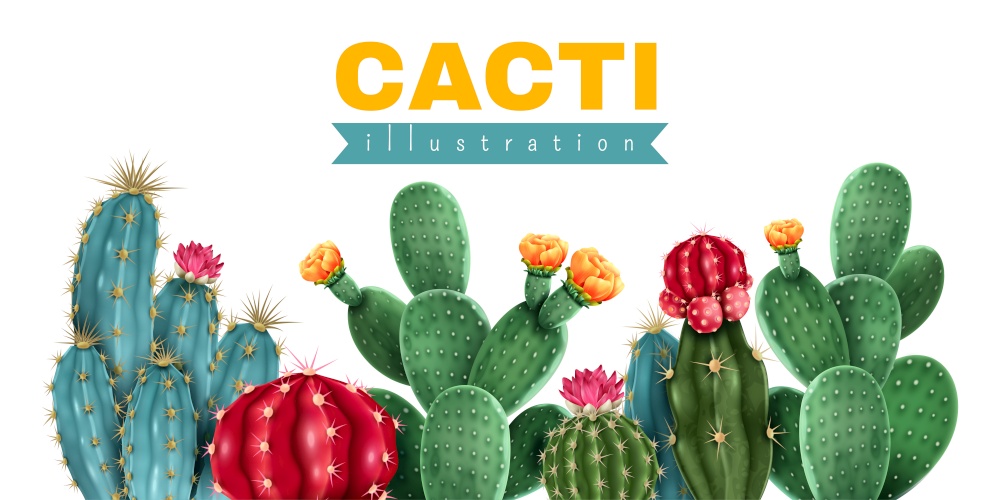 Cacti colored background demonstrated collection of blooming cactuses with pink red and yellow flowers vector illustration