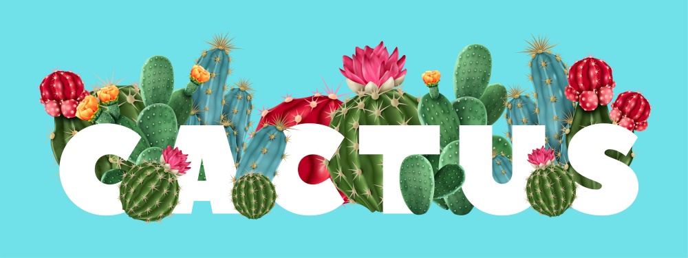 Cactus floral tropical vector illustration with different varieties of succulents and cacti including gymnocalycium and opuntia