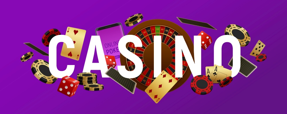 Casino sign letters poker club header title marquee realistic horizontal banner with cards roulette wheel vector illustration