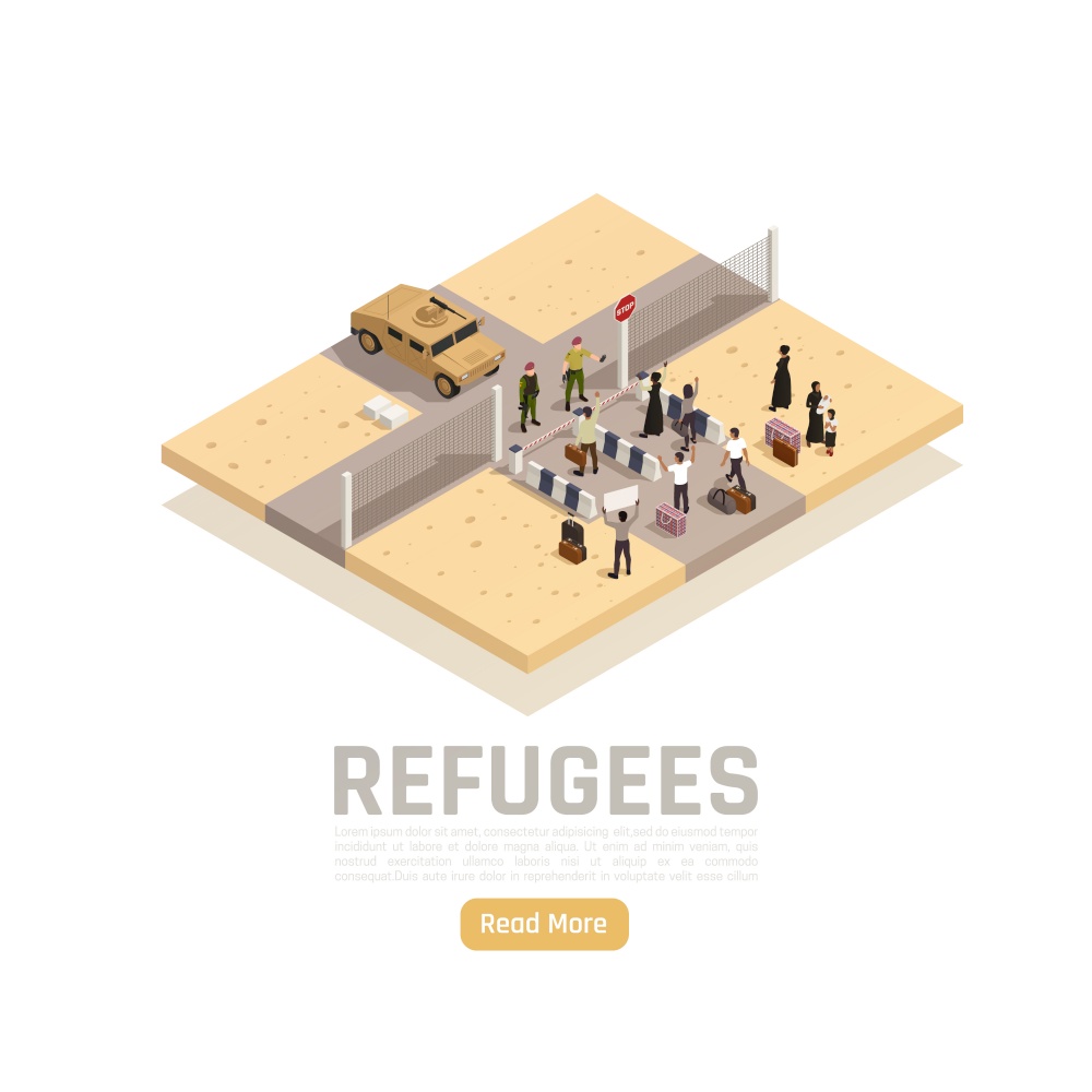 Refugees asylum seekers migrants border crossing between conflict war zone and safe area isometric composition vector illustration