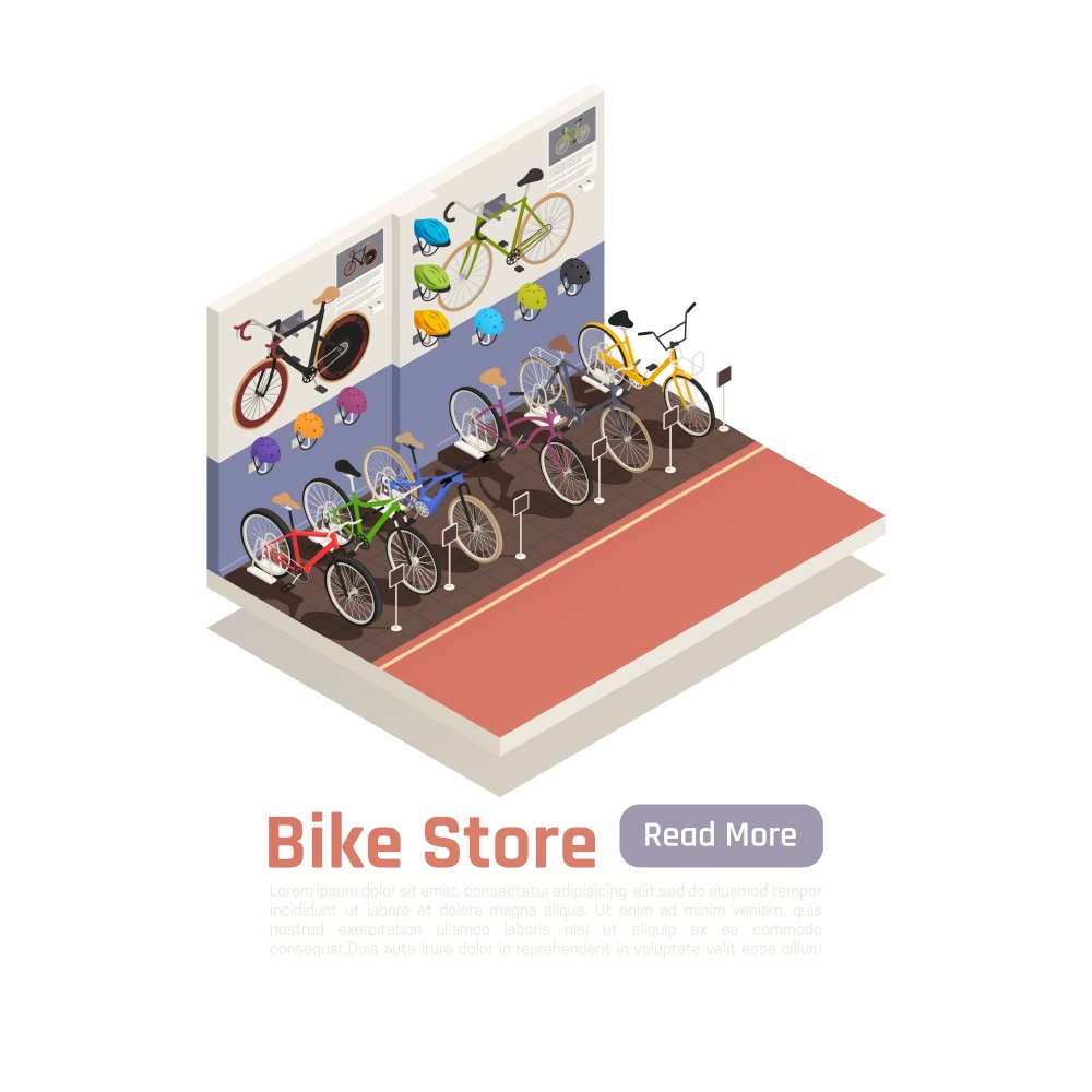 Bike store isometric composition with different    models of bicycle price signs and information posters on wall vector illustration