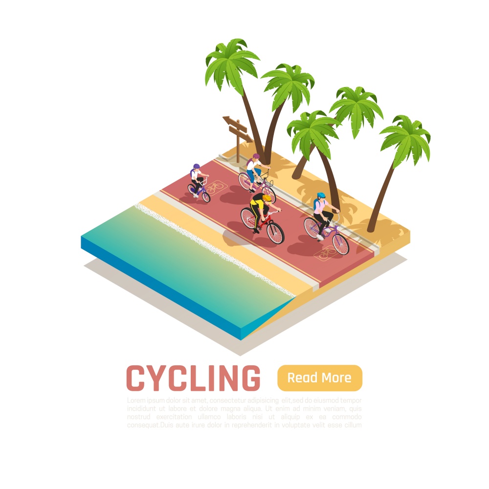 Cycling isometric concept with sports and active life symbols flat isolated vector illustration