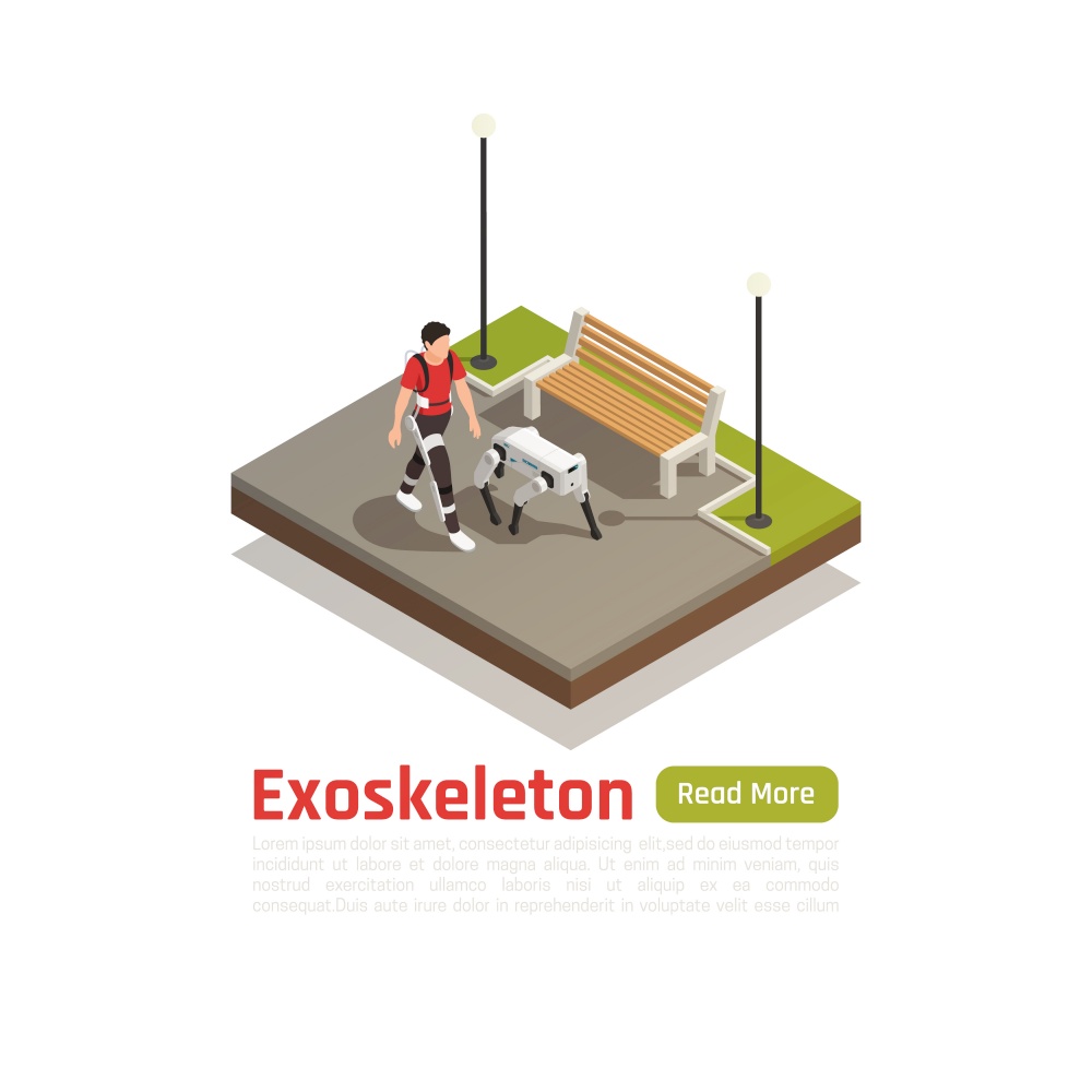 Bionics technologies isometric background with man in exoskeleton suit and robotic dog walking in city park vector illustration