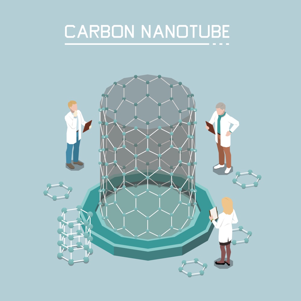 Nanotechnology isometric composition with carbon nano-tubes growth from graphene nanoparticles innovative products nanomaterials background vector illustration