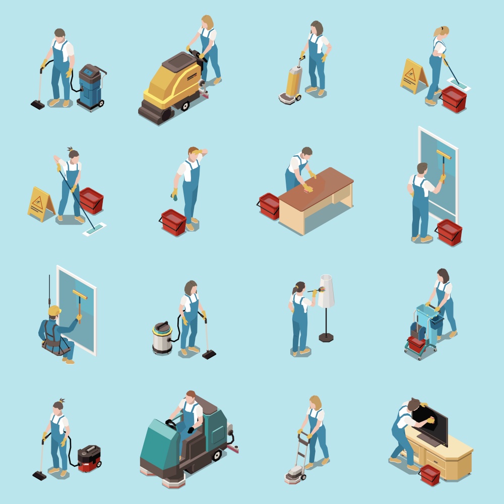 Professional office cleaning housekeeping services people equipment isometric icons set with vacuuming sweeping mopping floors vector illustration