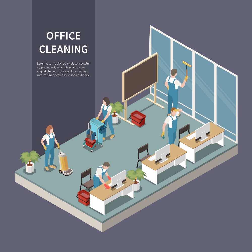 Commercial office cleaning service team at work vacuuming carpet washing windows dusting desks isometric composition vector illustration
