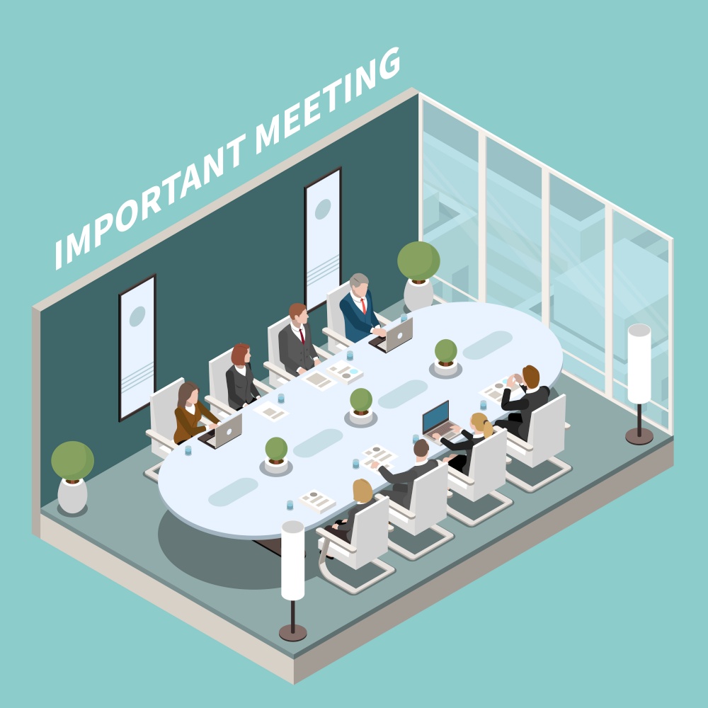 Business company office meeting room for important presentations isometric composition with oval boardroom table discussion vector illustration