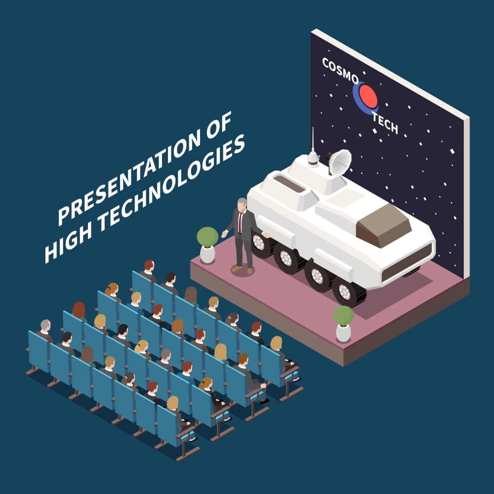 Modern conference hall high technologies presentation isometric composition with  autonomous mars exploration rover on podium vector illustration