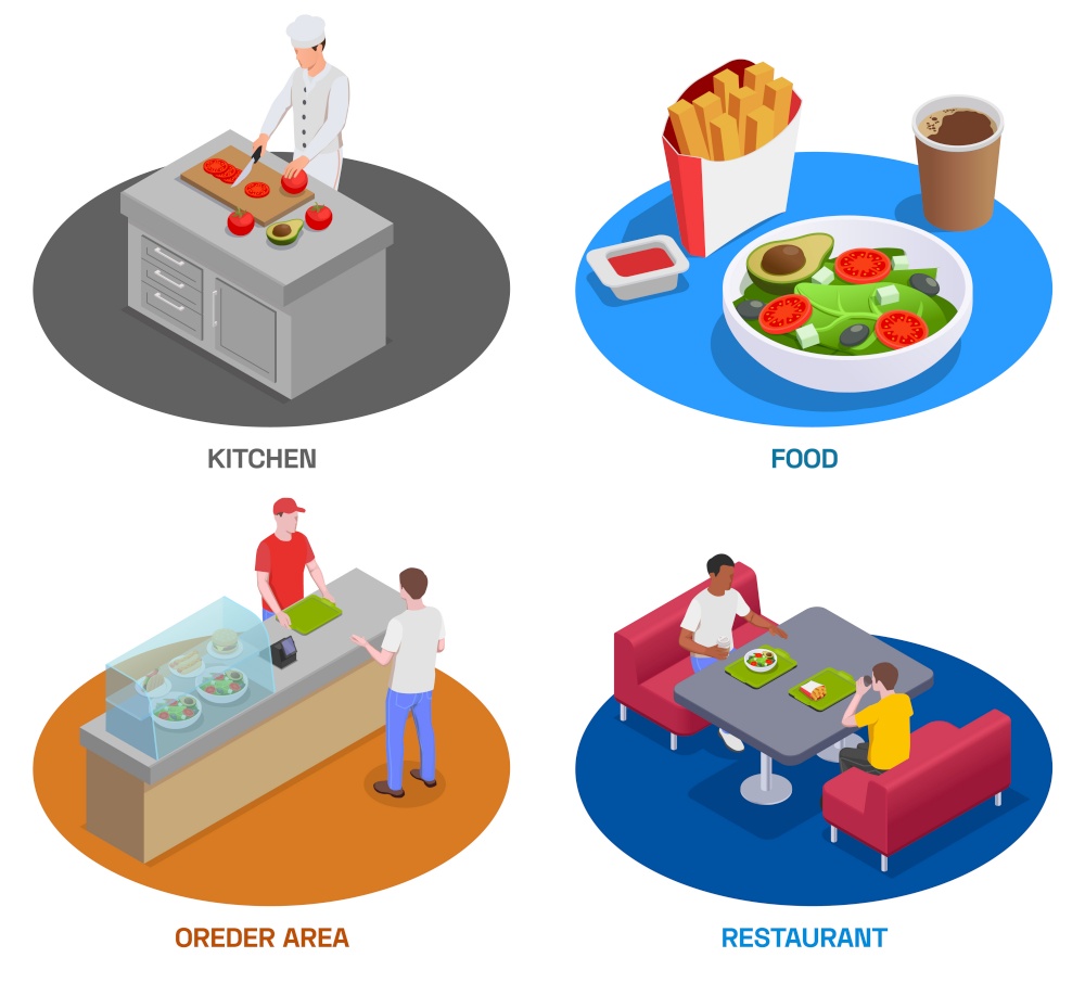 Food court isometric set of four round compositions representing different cafe areas with people and meal vector illustration