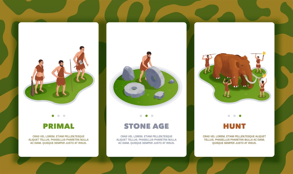 Caveman prehistoric primitive people set of three vertical banners with text page switches and life images vector illustration