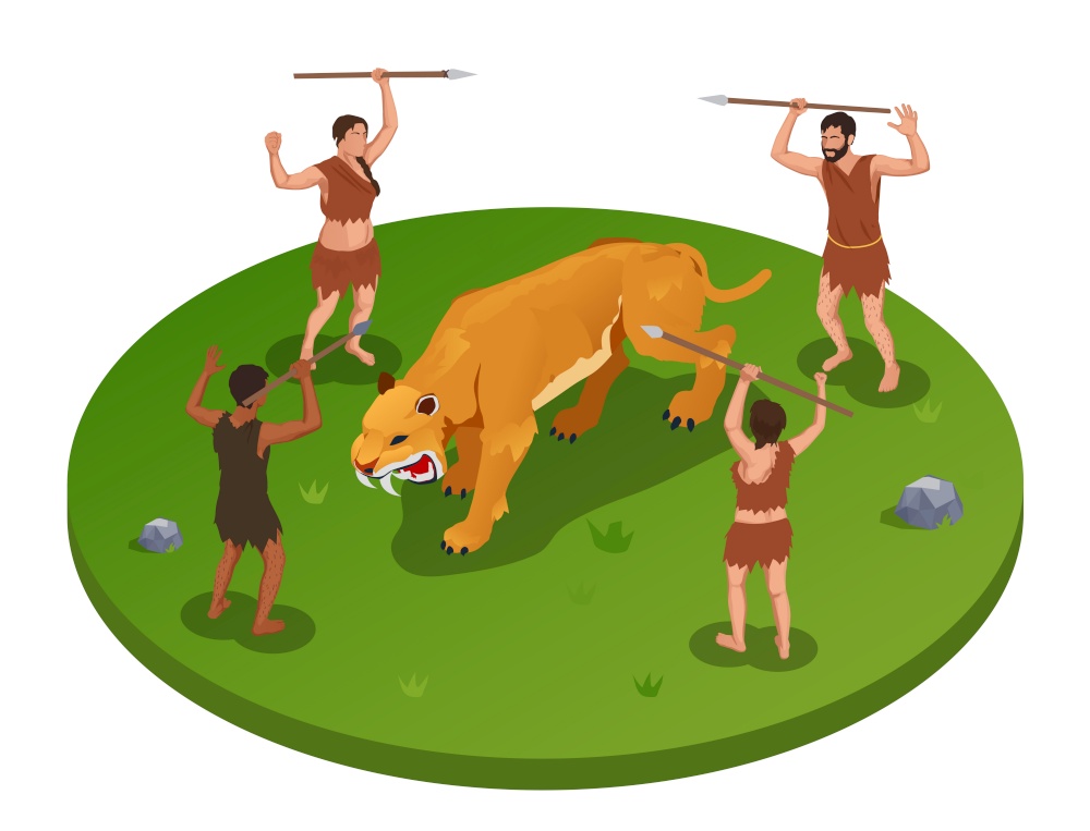 Caveman prehistoric primitive people round isometric composition with group of ancient characters during hunt on tiger vector illustration