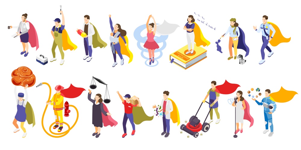 Ordinary people superheroes isometric characters 2 horizontal rows with baker astronaut judge firefighter wearing cape vector illustration