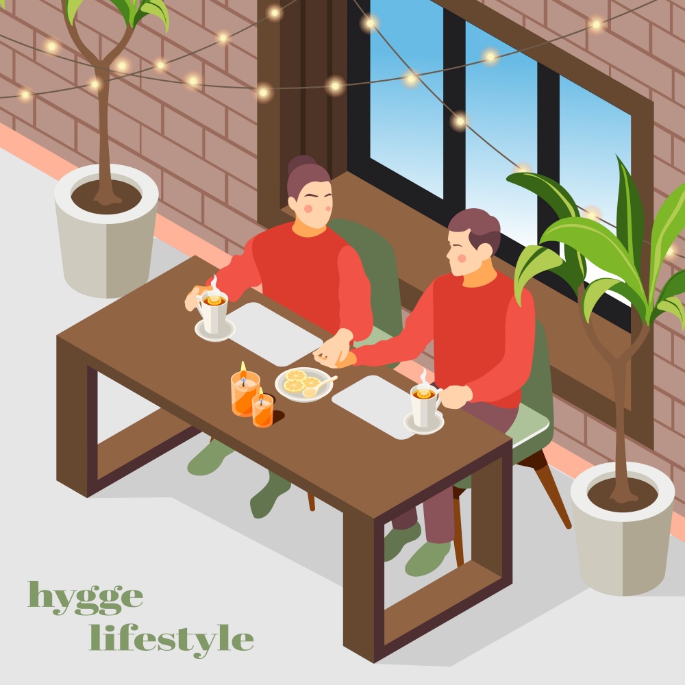 Hygge lifestyle isometric composition with danish cozy apartment interior lights plants enjoying coffee couple background vector illustration