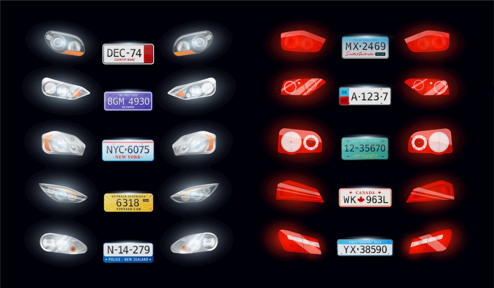 Various types car auto headlights taillights vehicle registration licence number plates realistic set black background vector illustration