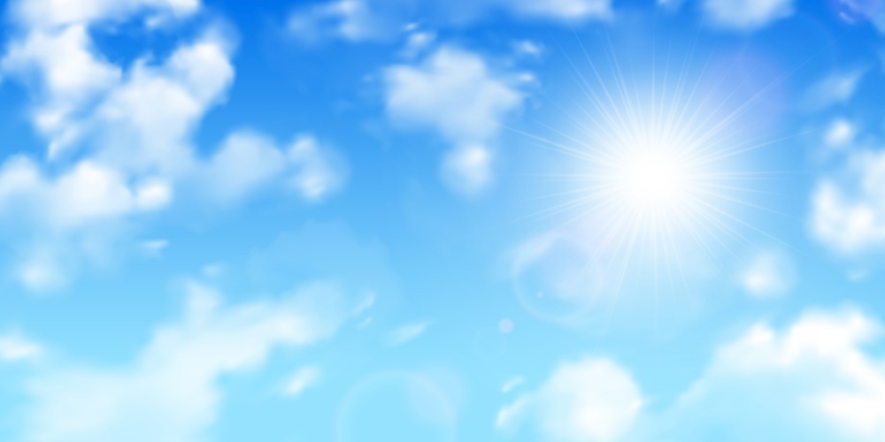 Fuzzy sun rays through scattered clouds on gradient blue sky realistic background image vector illustration