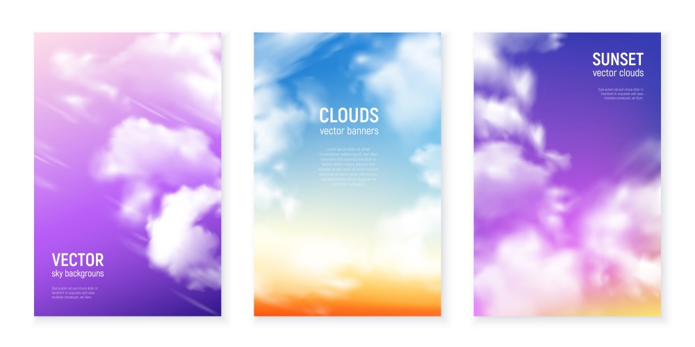 Blue magenta violet sky backgrounds with floating wisps of clouds realistic vertical banners set isolated vector illustration