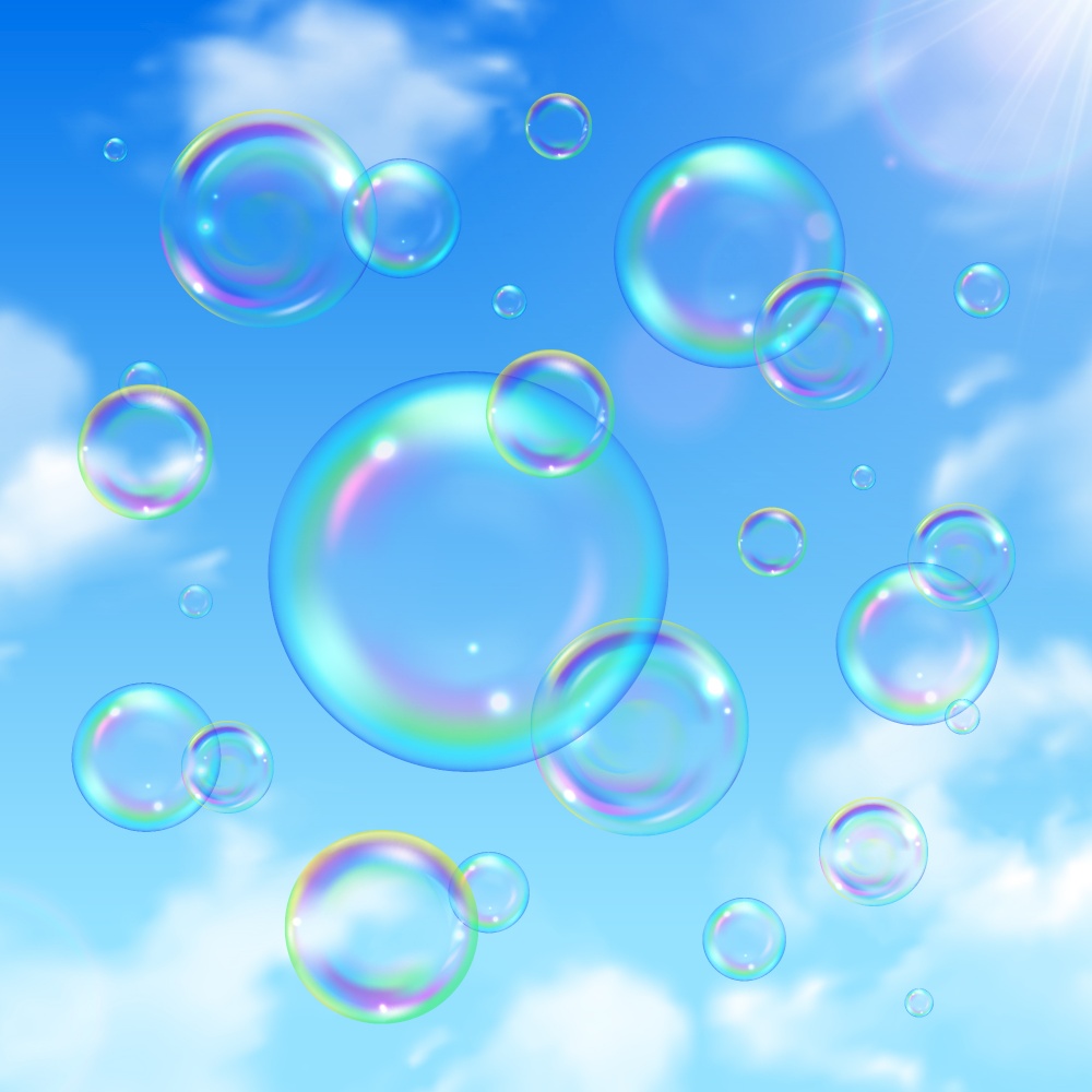 Soap bubbles and sky realistic background with sun shining vector illustration