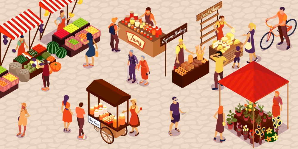 People buying vegetables fruit honey cheese bread flowers jam at farm market 3d isometric vector illustration