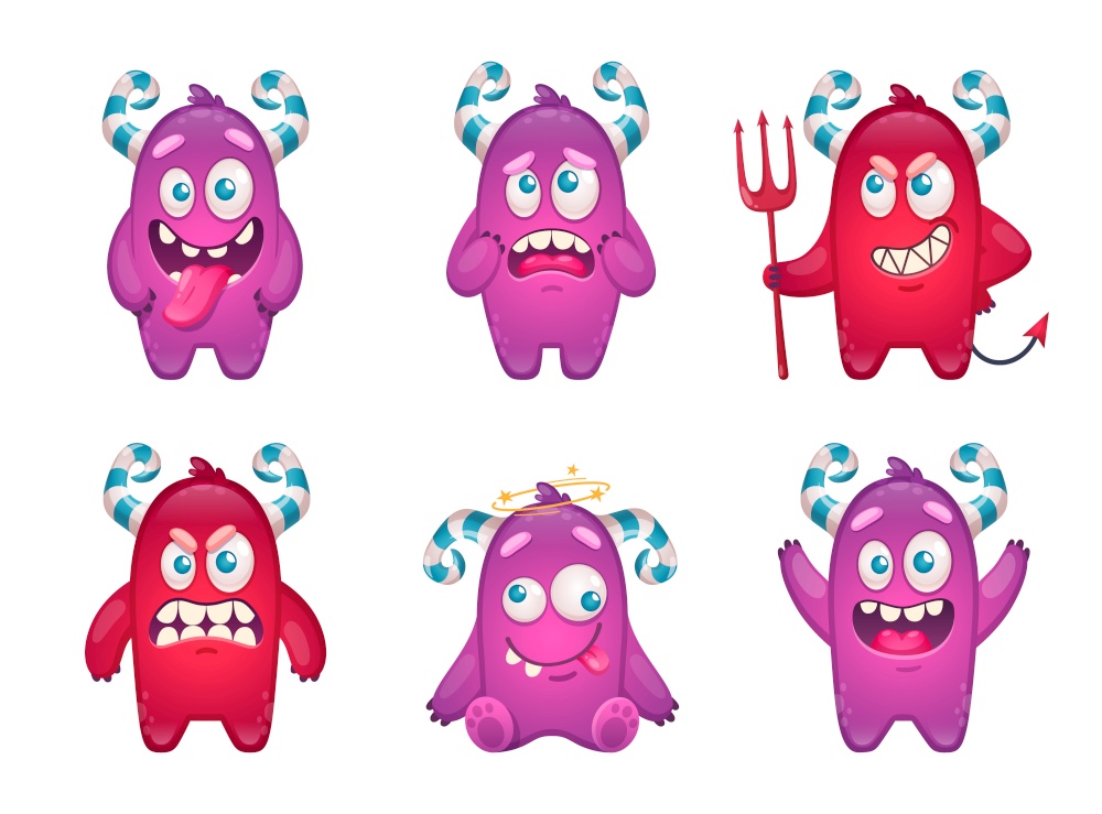 Cartoon monster emoticons set with funny doodle characters of crazy childish beasts isolated on blank background vector illustration