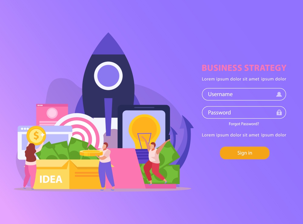 Flat background with login form and people doing crowdfunding vector illustration