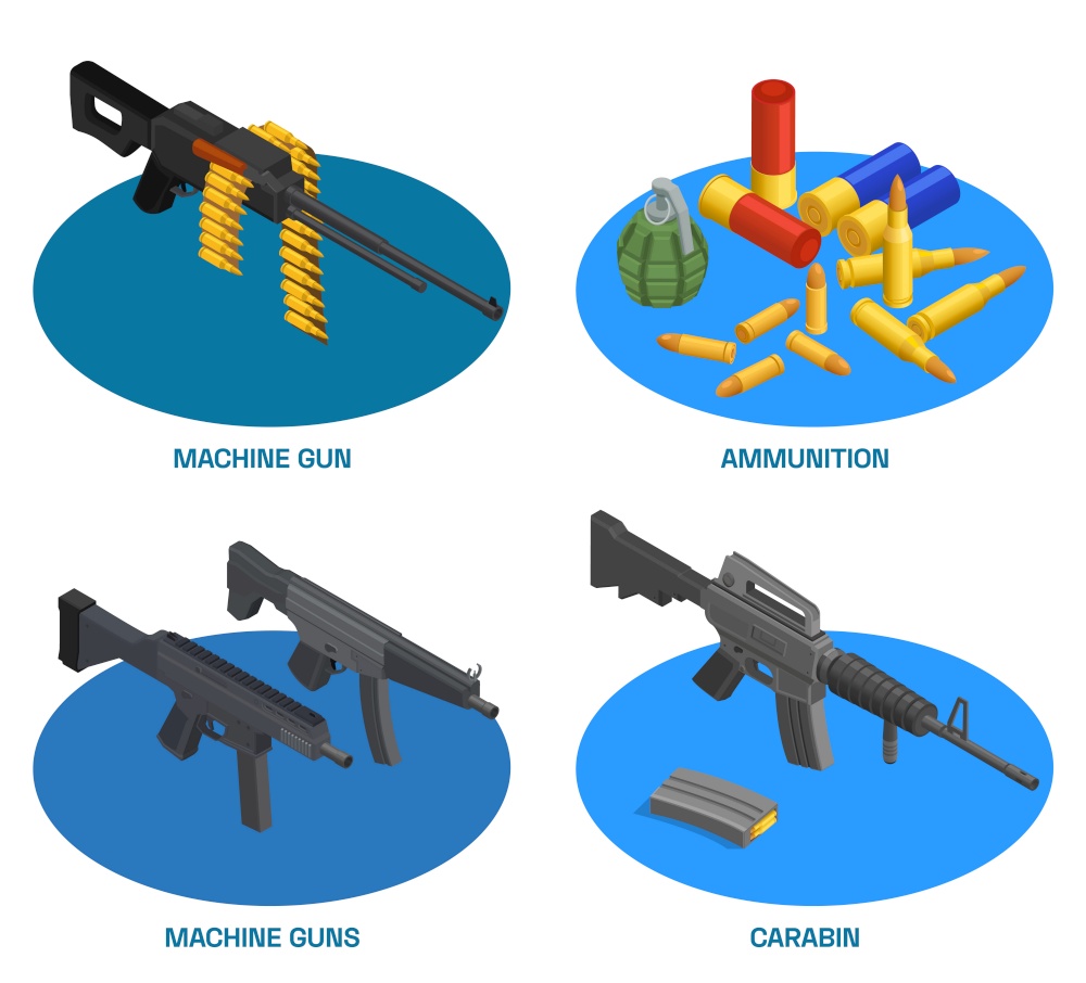 Army weapons soldier isometric set of compositions with text and machine guns carabins with ammunition items vector illustration