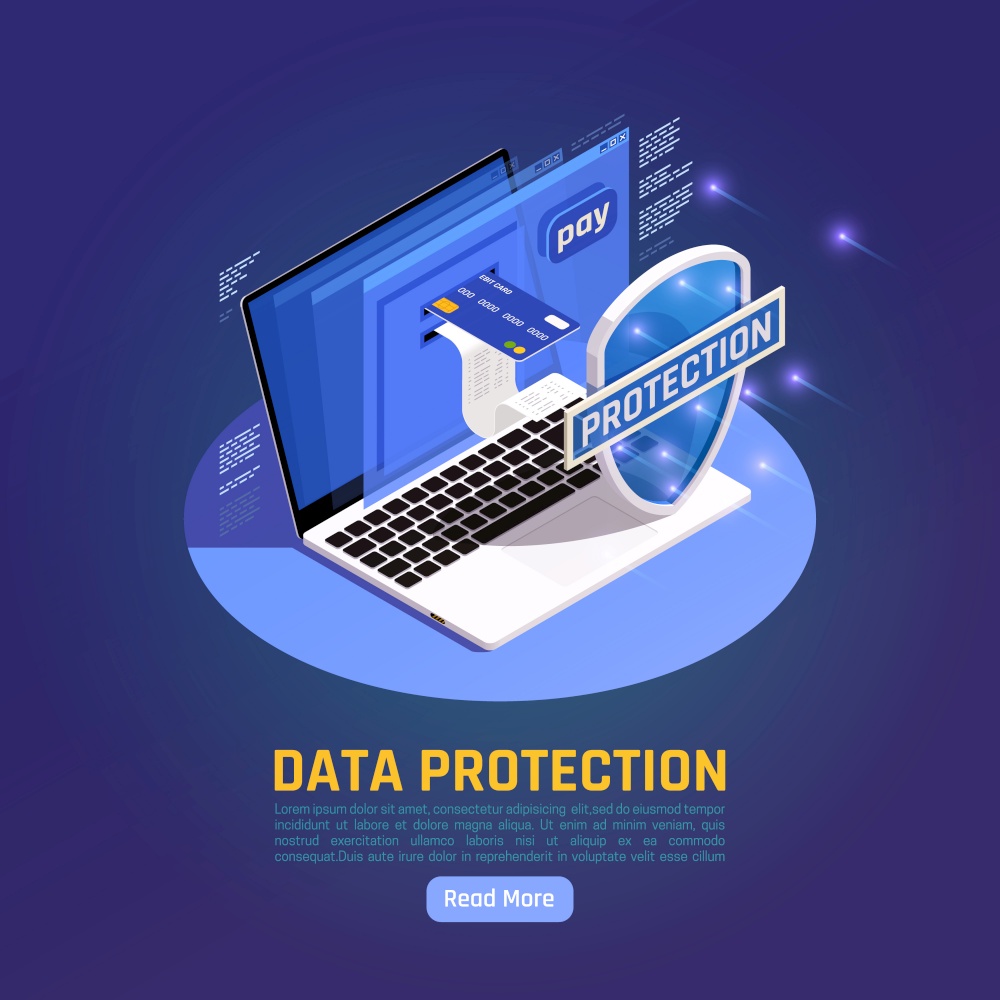Privacy data protection gdpr isometric background with read more button and image of laptop with shield vector illustration
