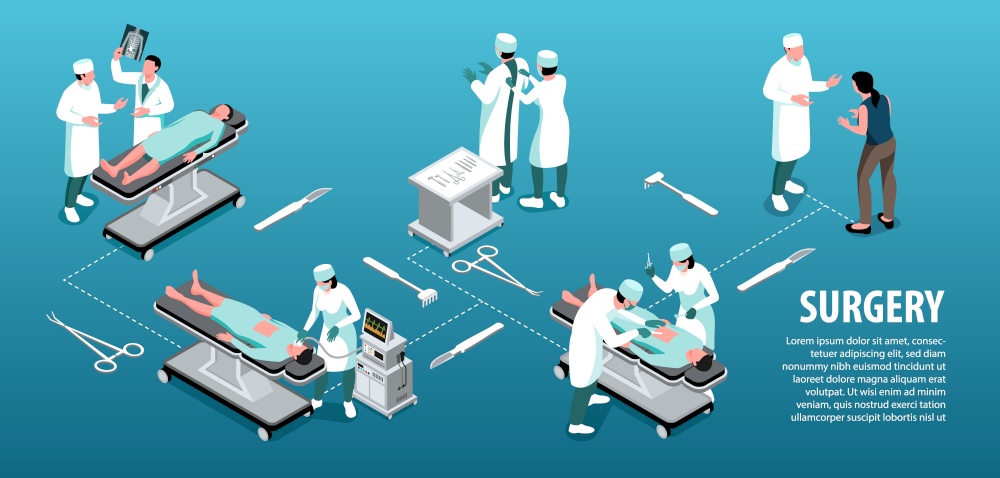 Isometric infographics with surgeons patients and surgical tools on blue background 3d vector illustration