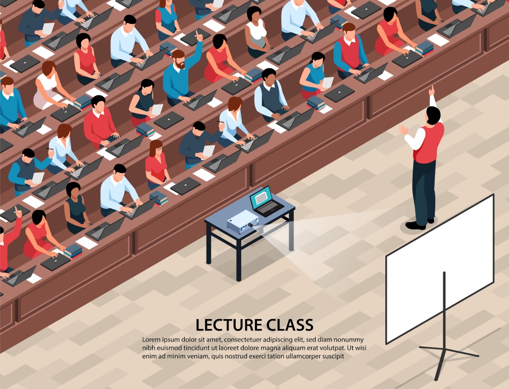 Isometric professor lecture class background with characters of students and lecturer in front of projection screen vector illustration