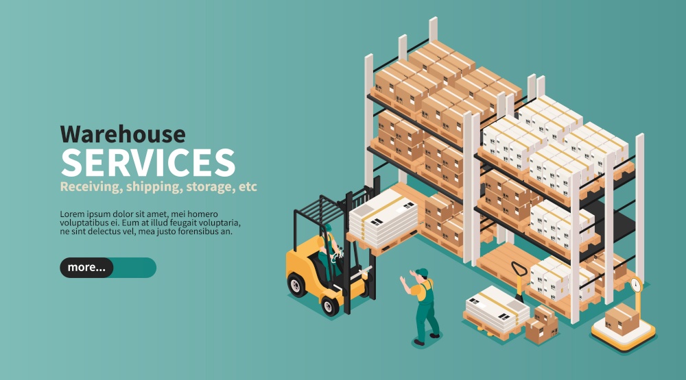 Warehouse industrial space storage pick pack orders shipping delivering logistic services isometric landing page banner vector illustration