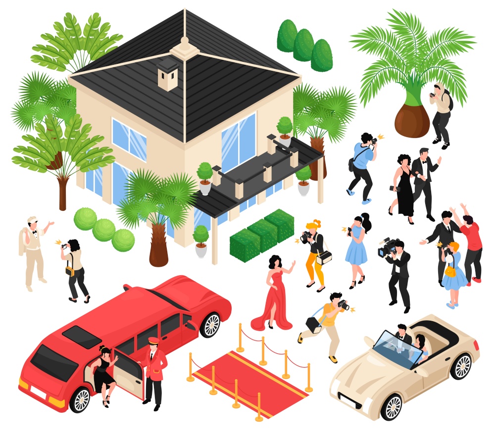 Celebrities isometric set of red carpet limousine paparazzi media faces isolated vector illustration