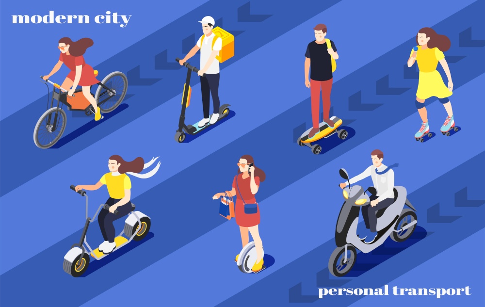 Men and women riding bike unicycle scooter roller skates skateboard around city isometric background 3d vector illustration